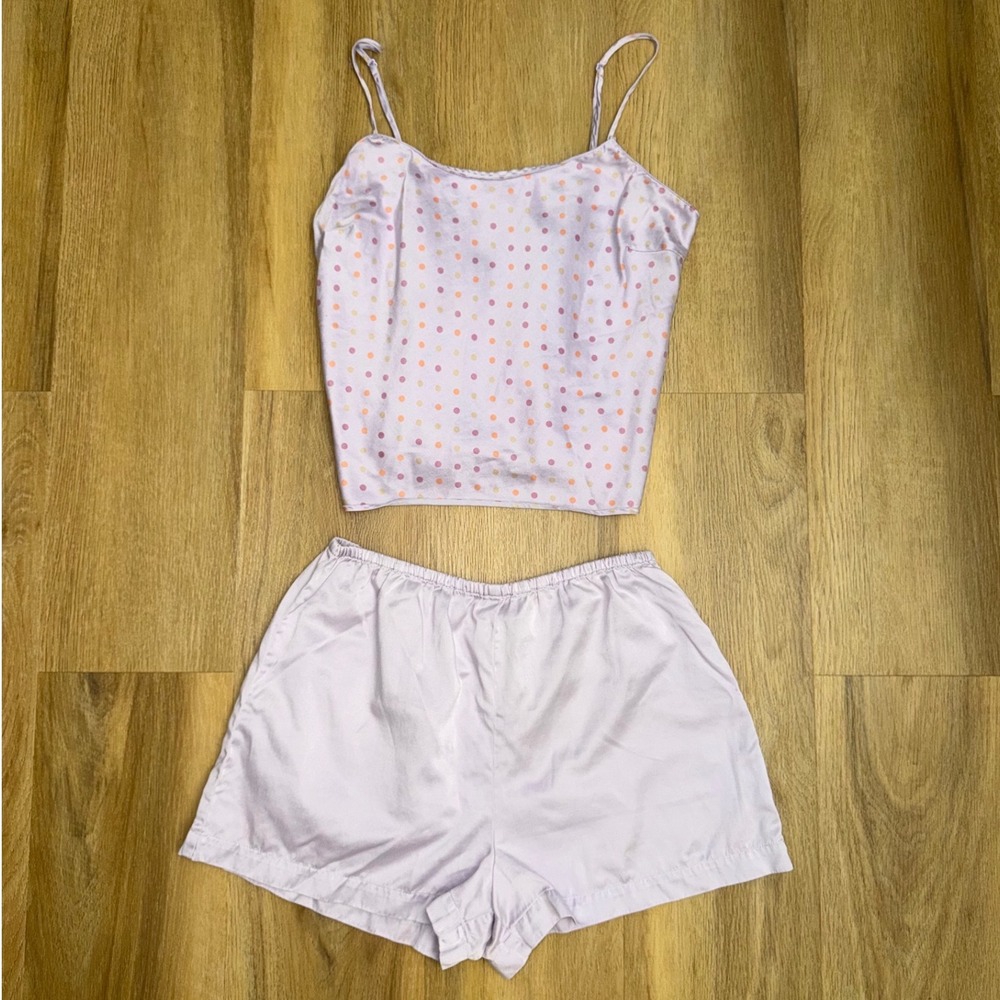 Victoria's Secret Silk Cotton Pajama Set Lavender Polka Dot Cami Shorts Small